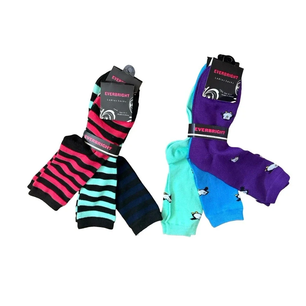Everbright Ladies Socks 6 Pairs Colorful Striped Penguin Crew Womens New